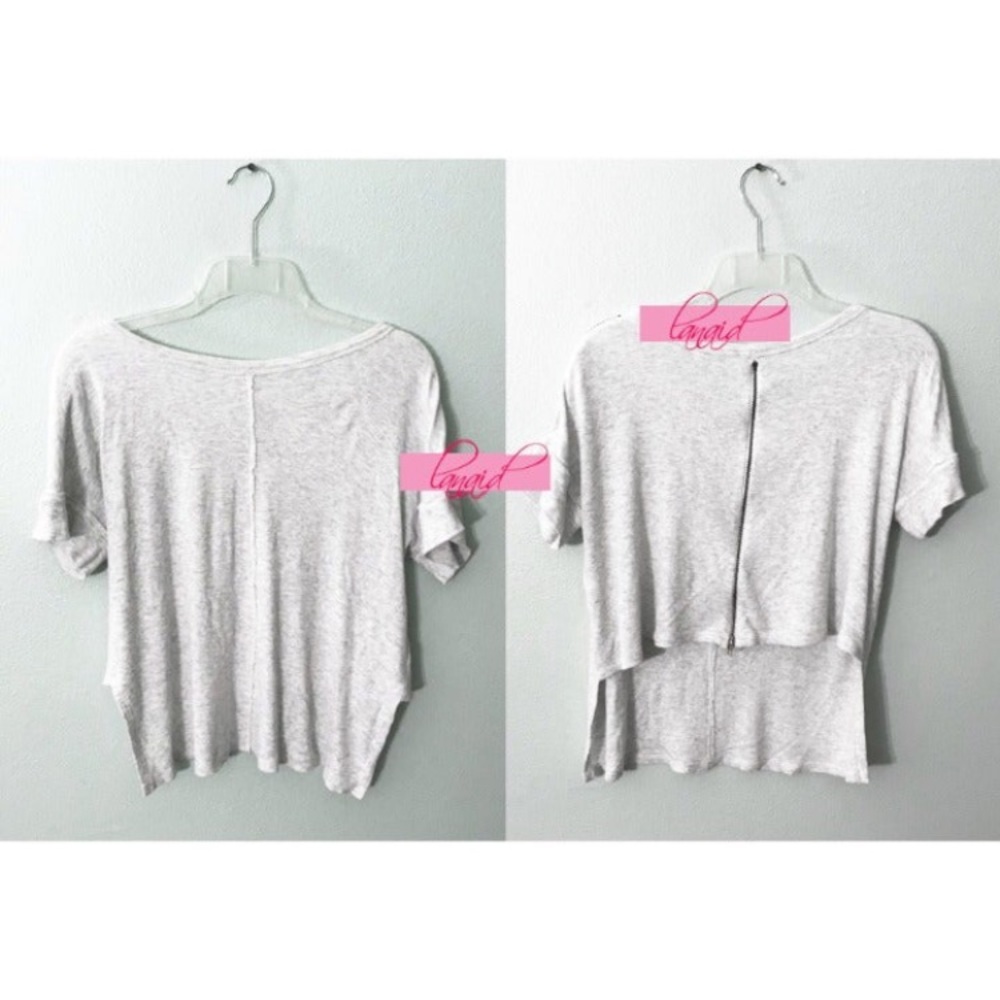 Anthro HEATHER Open Cropped Back Ribbed Zipper Edgy Oversized Grey Tee Blouse S